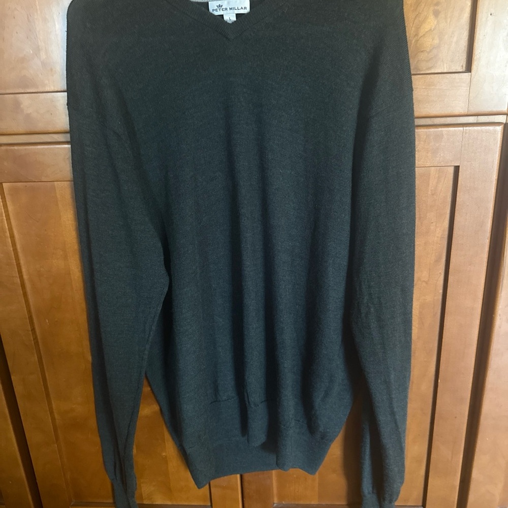 Peter Millar Merino Wool Silk Blend V Neck Sweater Forest Green Size Large